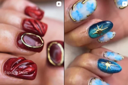ゴールドのアクセントを添えた赤と青のネイルアート